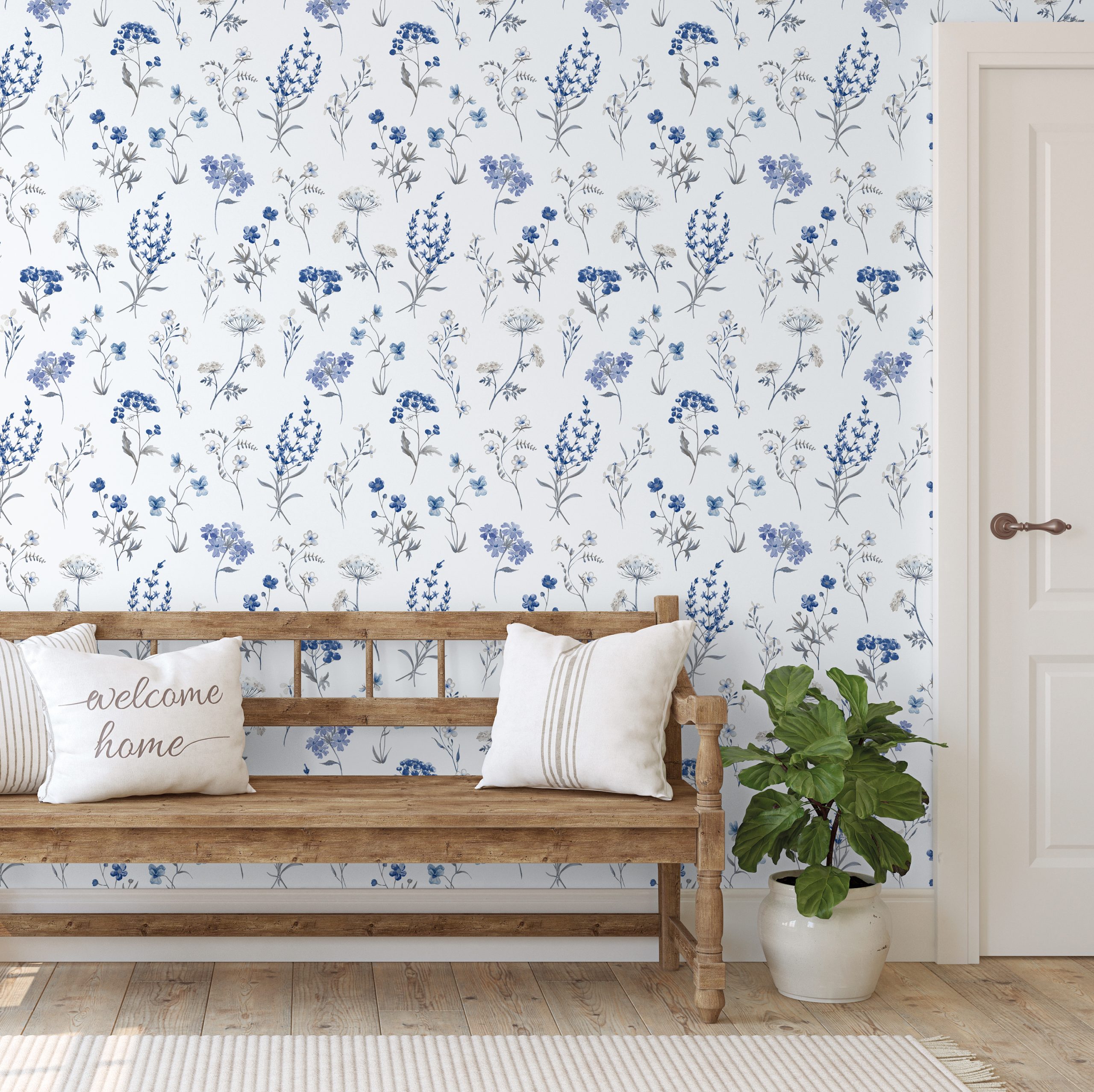 Farmhouse,Entryway.,Wooden,Bench,Near,White,Wall.,Interior,Mockup.,3d