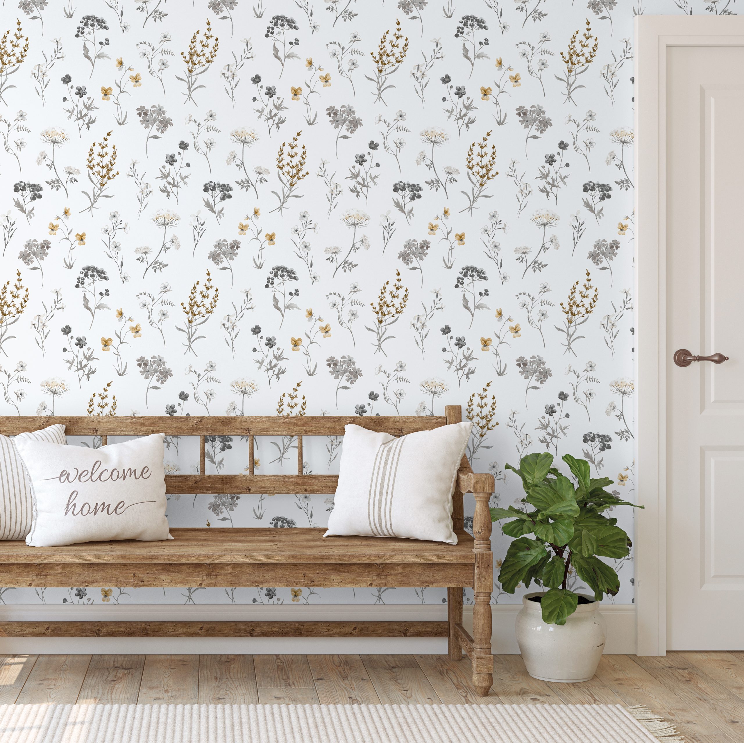 Farmhouse,Entryway.,Wooden,Bench,Near,White,Wall.,Interior,Mockup.,3d