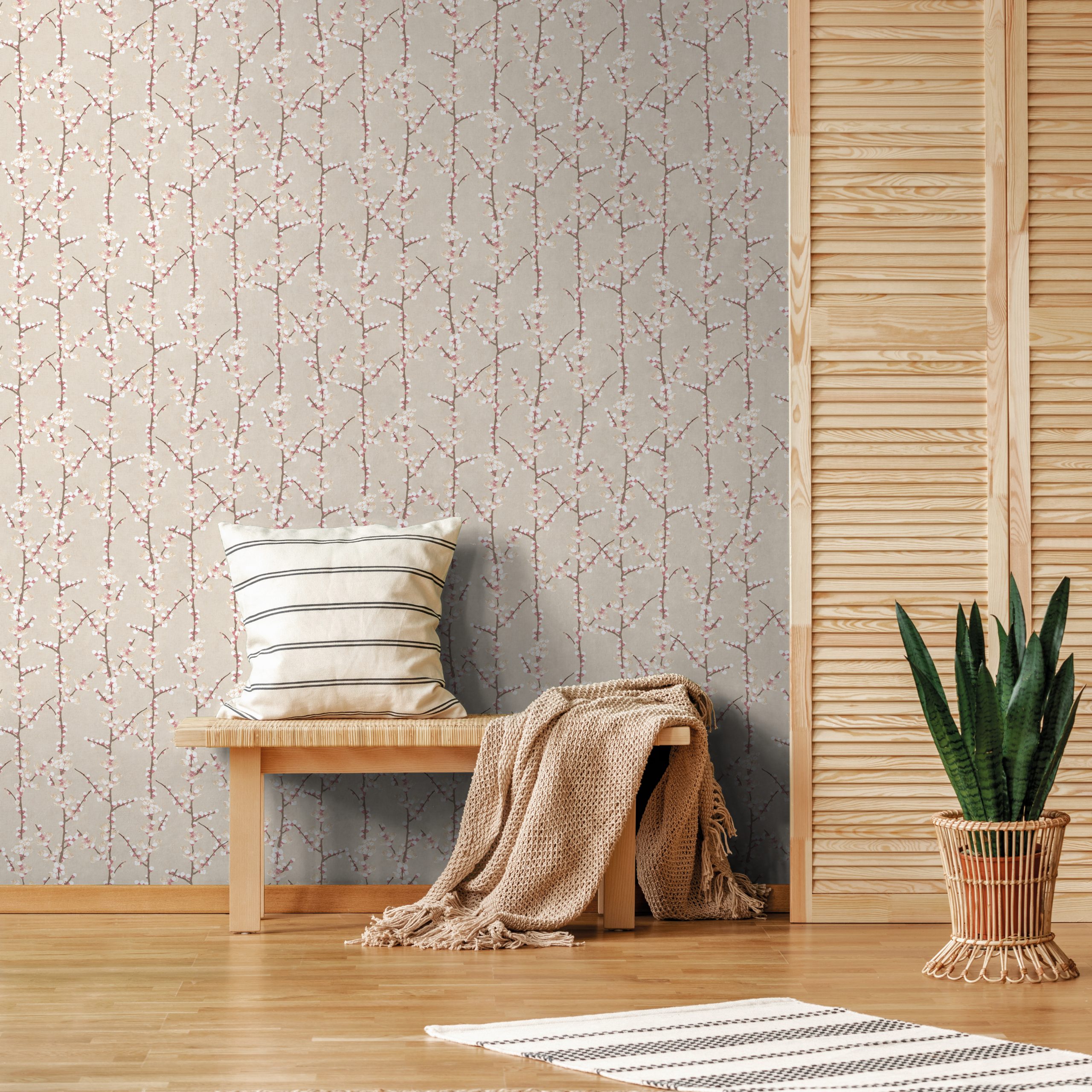 Rug,And,Plant,Near,Wooden,Stool,With,Pillow,And,Blanket
