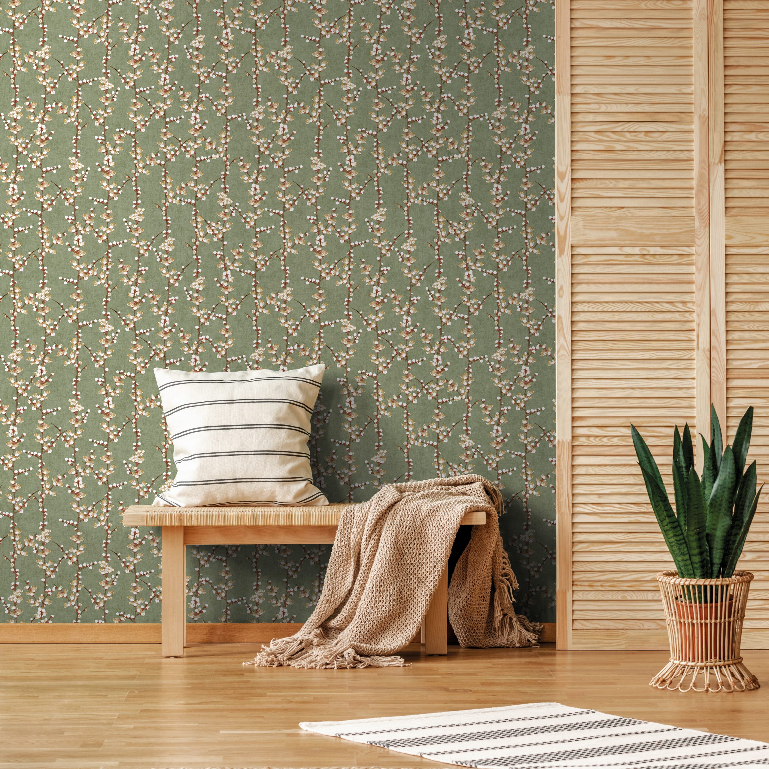 Rug,And,Plant,Near,Wooden,Stool,With,Pillow,And,Blanket