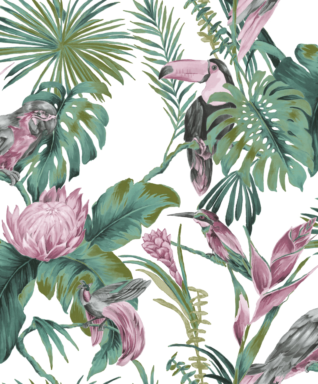 Papel pintado tropical con pájaros y hojas Amazzonia 22006