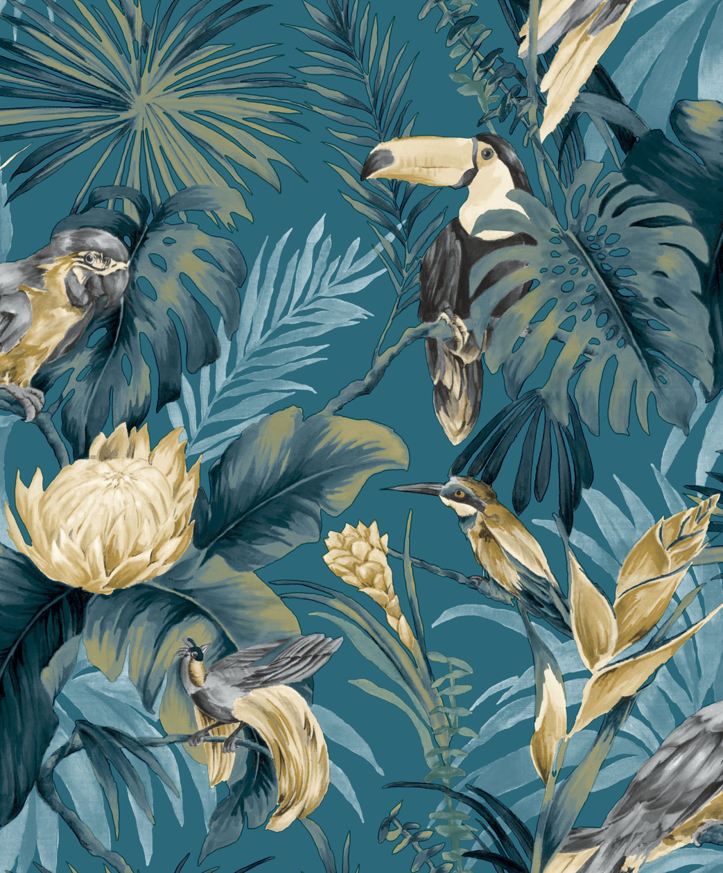 Papel pintado tropical con pájaros y hojas Amazzonia 22008