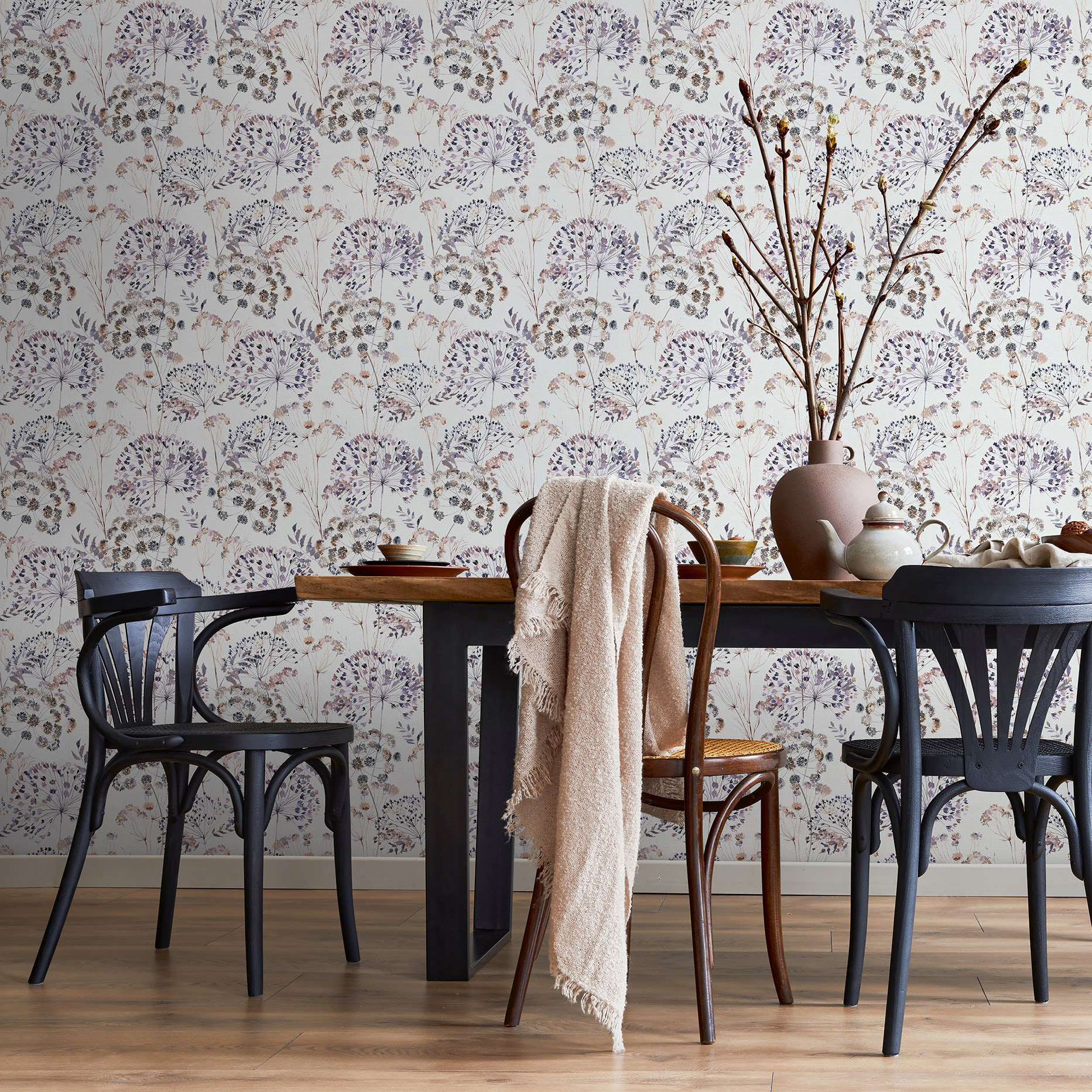 Stylish rustic interior of dining room with walnut wooden table,